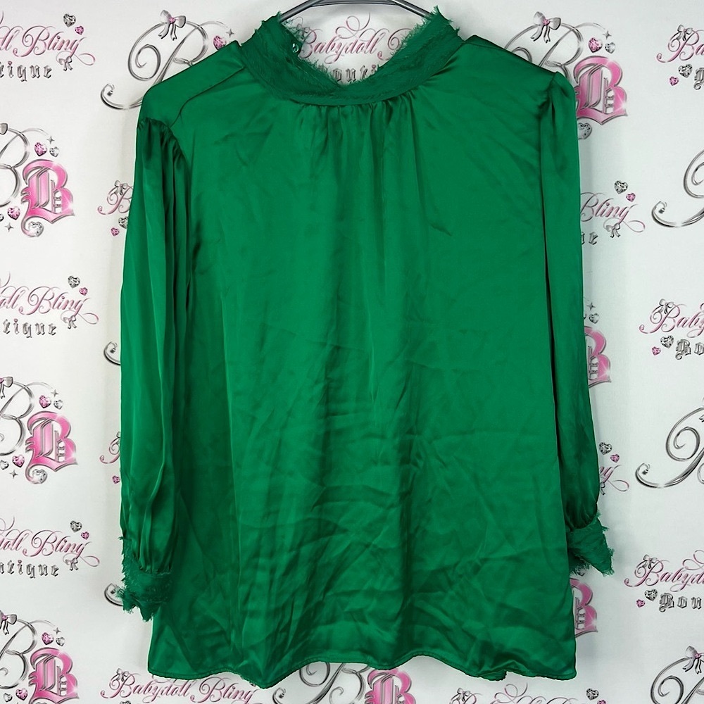Zara blouse turtleneck style royal bright Vibrant Green Blouse ruffle neck